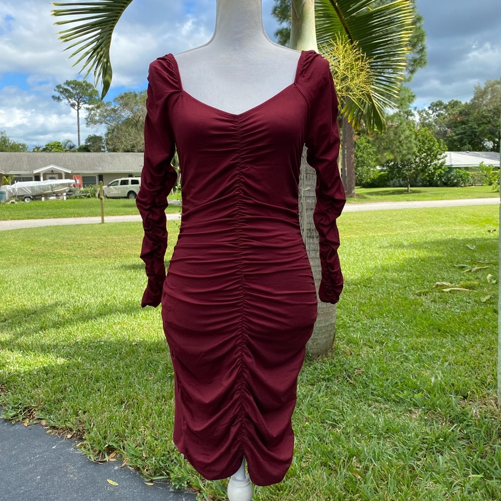 Burgundy Ruched Long Sleeve Dress